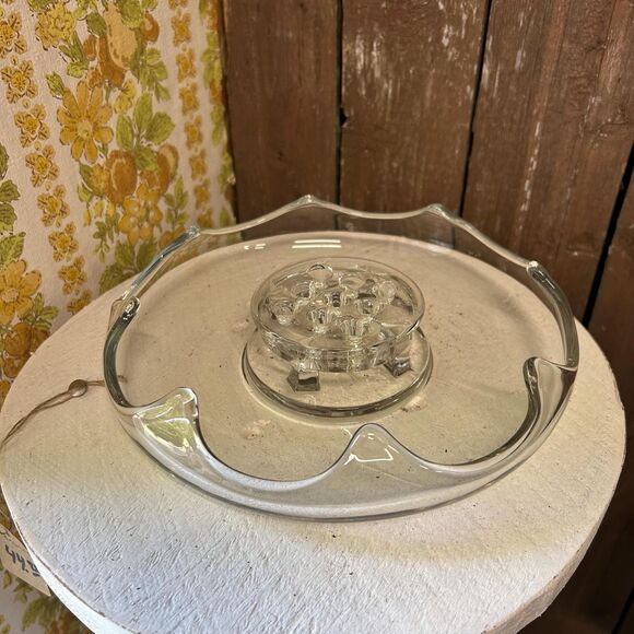 Vintage Glass Flower Frog Bowl, Clear Glass Flower Arranging Dish Wavy Rim Decor - Picture 2 of 6